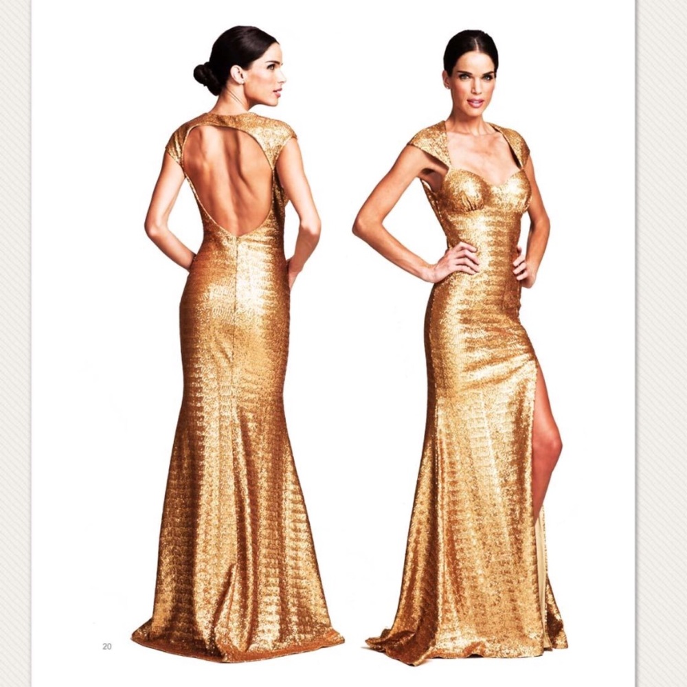 NWT Nicole Bakti Size Small Gold Sequin Formal Gown Evening Dress